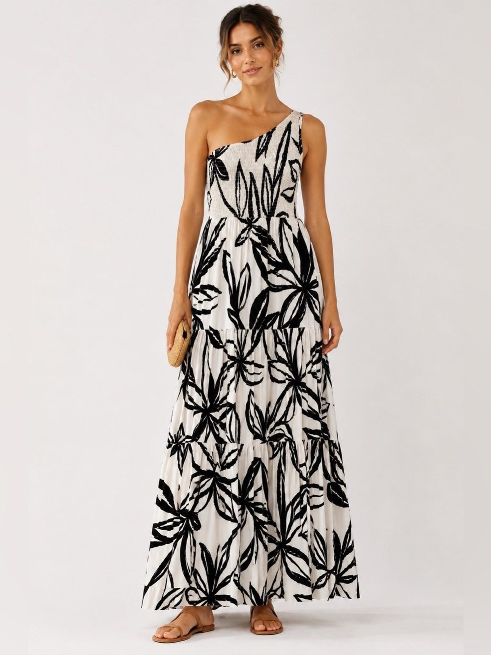 Anthropologie Abel The Label One Shoulder Maxi Dress Black White/Off Floral L